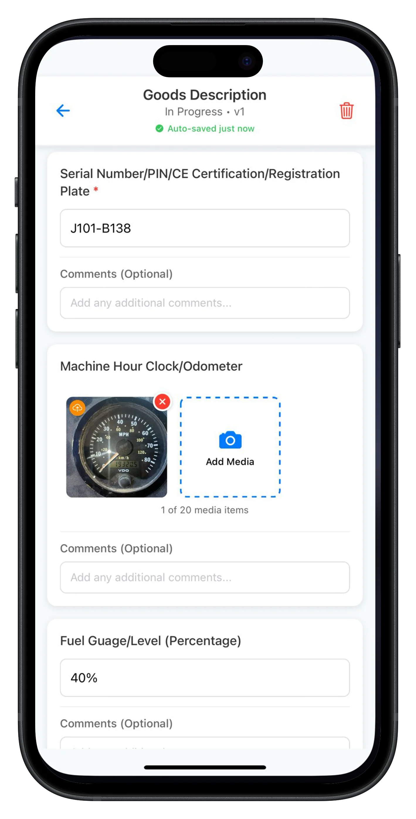 Mobile form interface showing field inputs and media capture