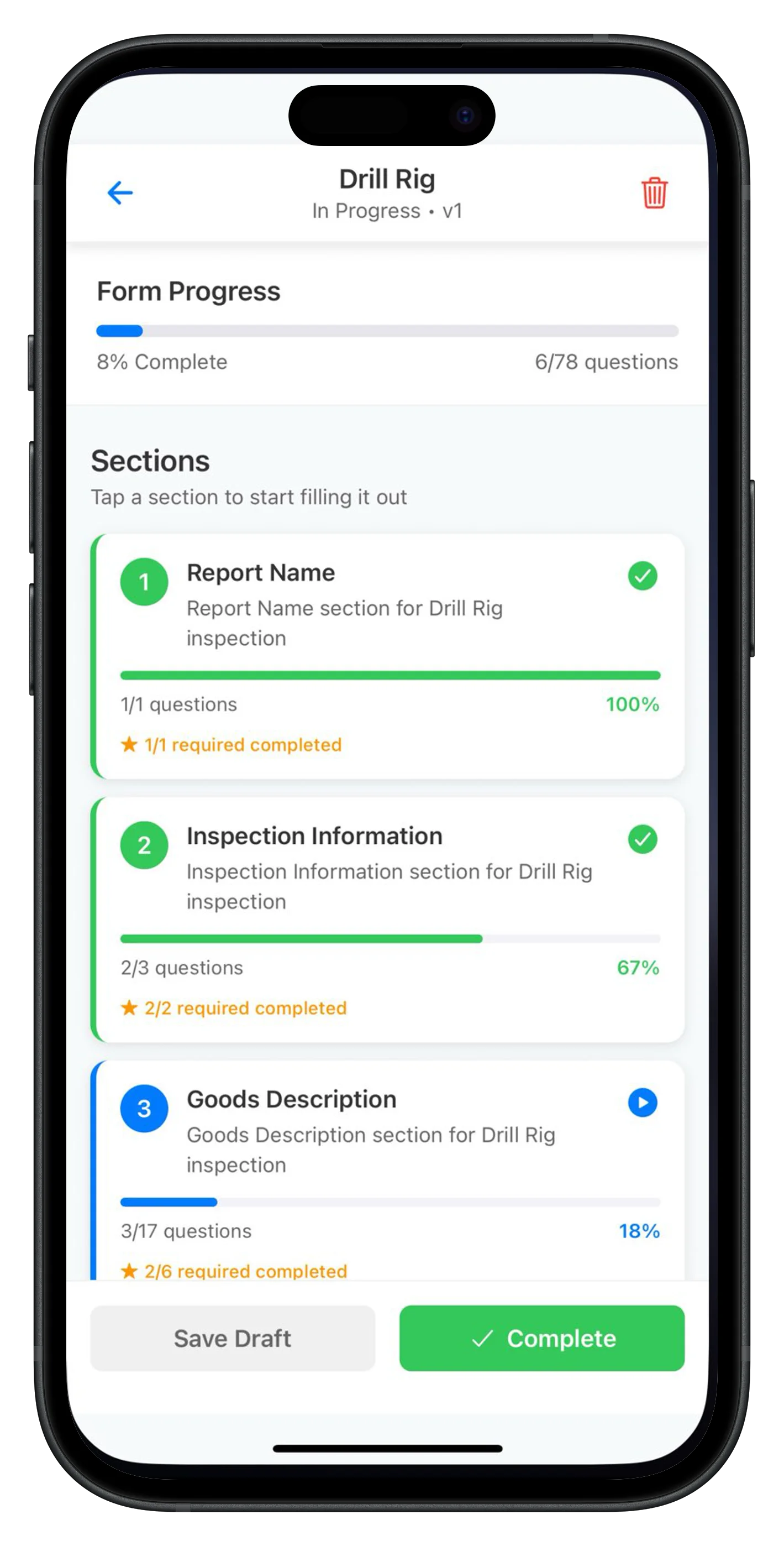 Mobile form progress screen showing section completion and progress bars